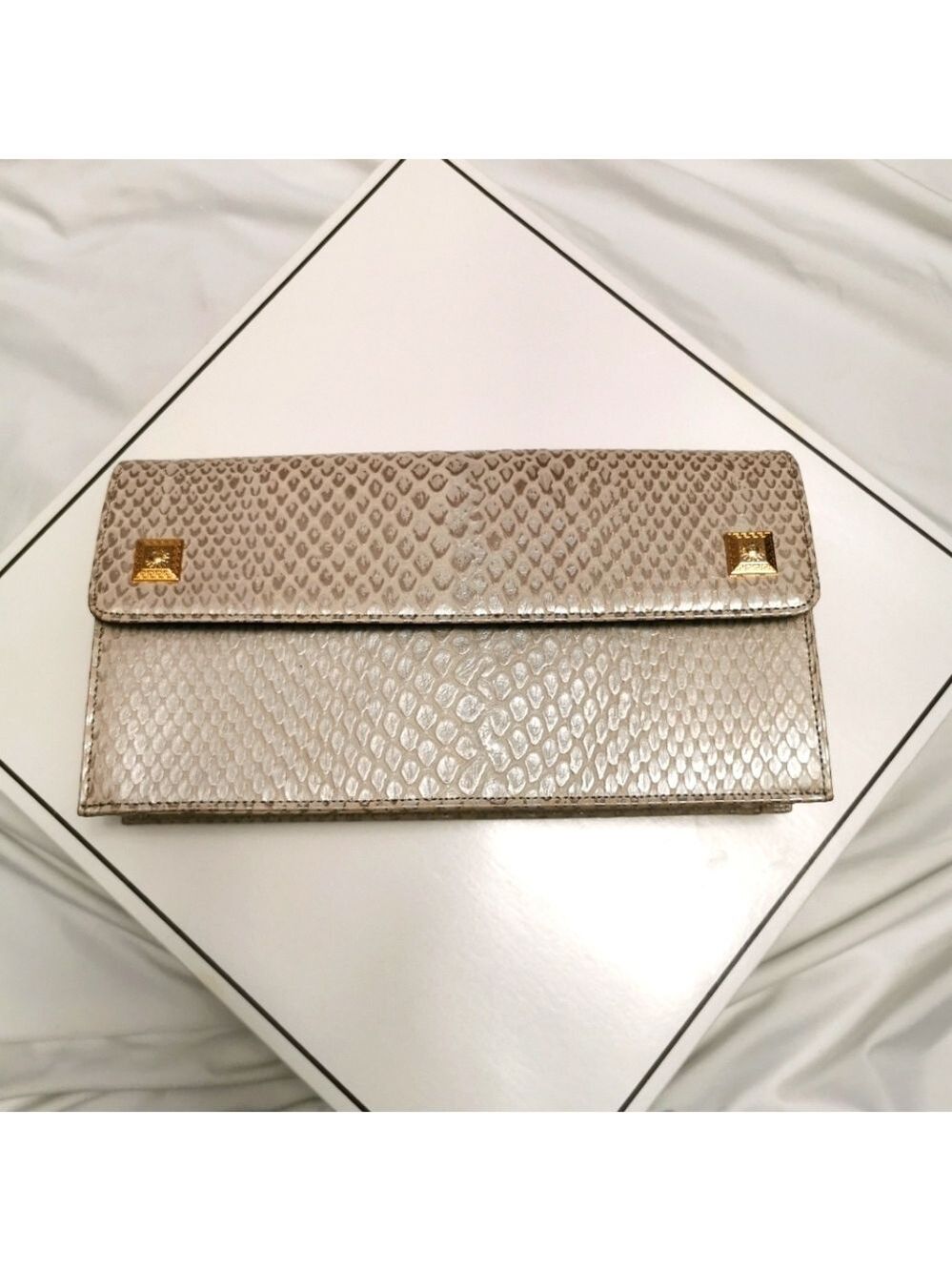 Gianni Versace Snake Print Medium Clutch Bag Medusa Beige Gold
